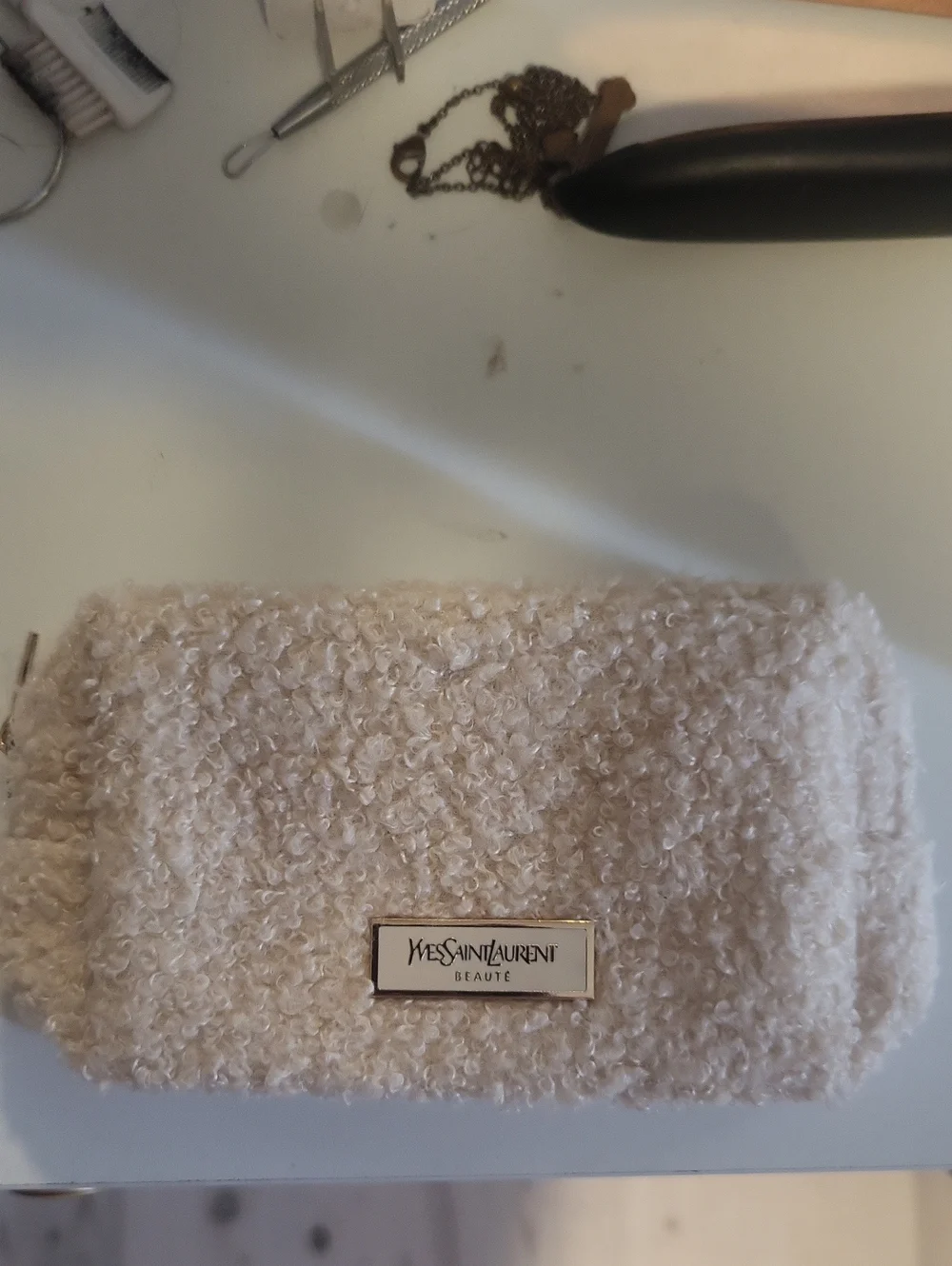 Yves Saint Laurent Cream Bouclé Cosmetic Case with Gold Logo Plate
